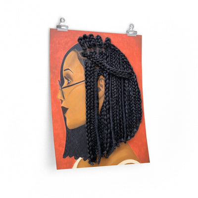 Print, decor, home Harmony 3D Hair Art Orange background with asymmetrical box braids and glasses. Black art, 3D Hair art, natural hair art