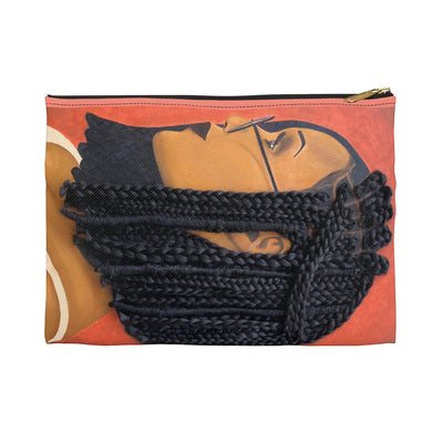 Pouch, bag, makeup bag, pencil bag, wallet, purse, Harmony 3D Hair Art Orange background with asymmetrical box braids and glasses. Black art, 3D Hair art, natural hair art