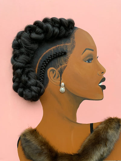 Canvas Print of a 'Elegant', featuring a woman with braided hair and fur. This print has real hair added!  Mixed media: Hair, ready to hang canvas print.  This Item will take approximately 3-4 weeks to receive. This is a made to order item.